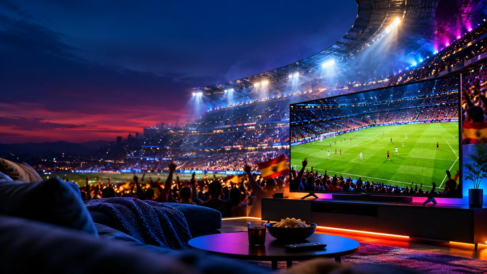 Salón frente a un estadio de fútbol iluminado por la noche