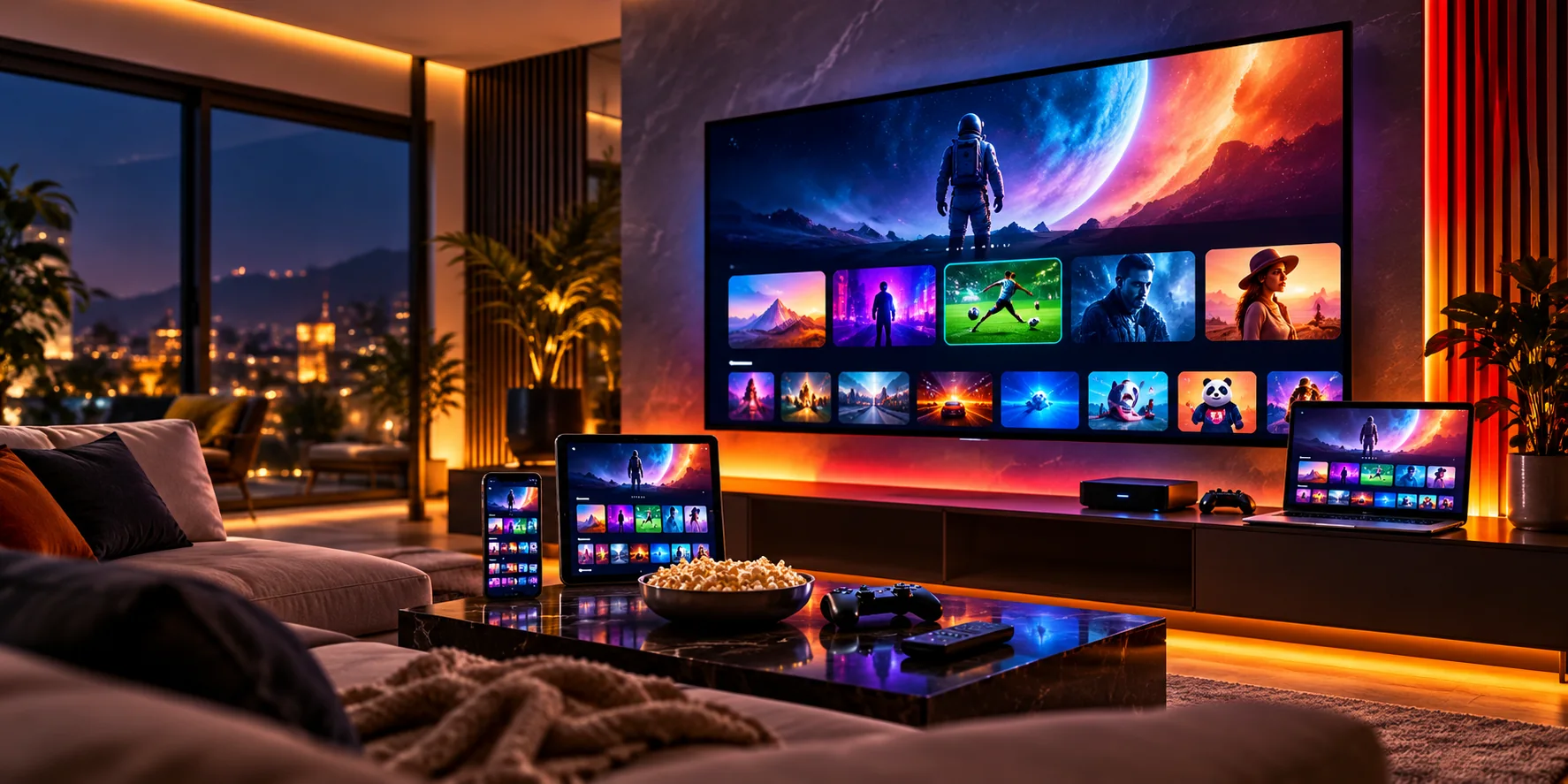 Salón moderno con televisión y varios dispositivos mostrando una interfaz de streaming