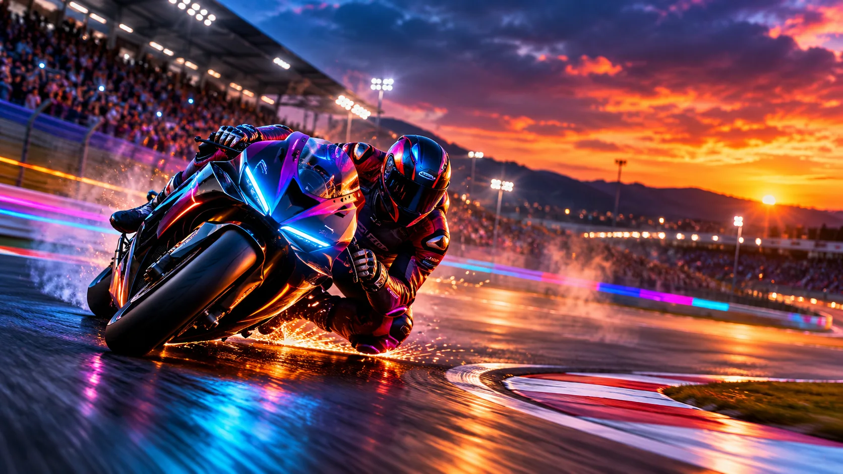 Piloto de motociclismo tomando una curva en circuito